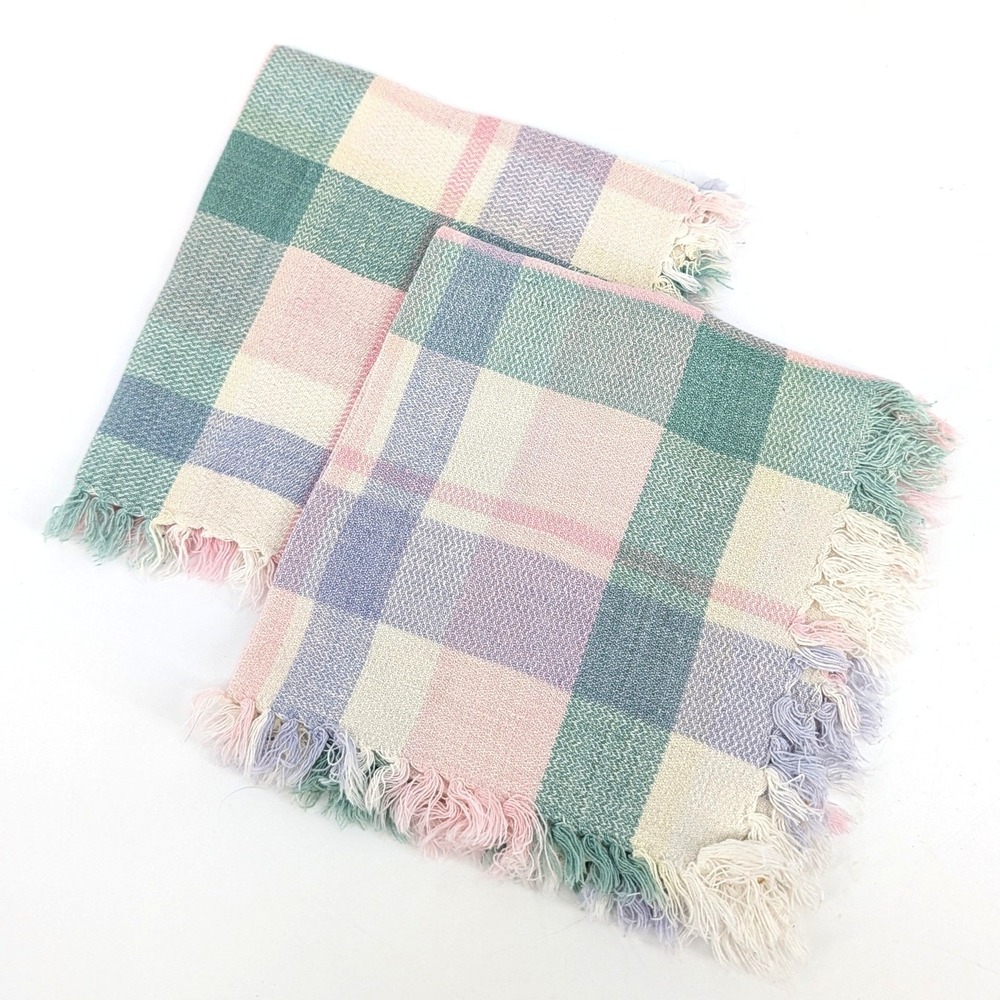Vintage Pink Green Pastel Plaid Cloth Napkins Set of 2 Fringed Woven Linens 14"